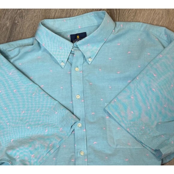 Stafford Blue Oxford Shirt Big 19 Travel Wrinkle Free Flamingos Short Sleeve - Picture 1 of 5